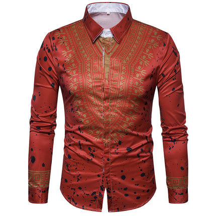Ethnic Style Floral Print Men's Long-sleeved Shirt