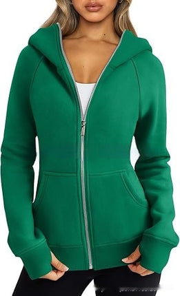 Women's Zipper Short Hood Fleece Lined Solid Color Hoodie Sweater