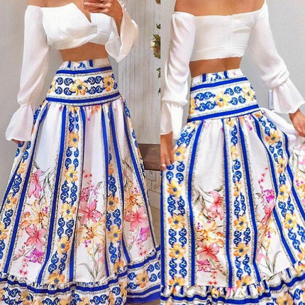 V-neck Short Flare Sleeve Top Printed Large Hem Skirt