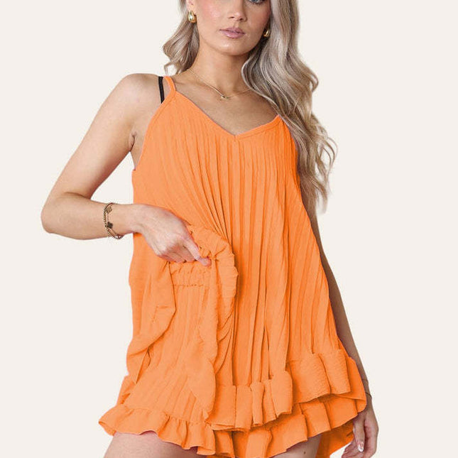 Cami Pleated Frill Hem Top & Matching Frill Shorts Co-Ord Set