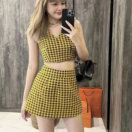 CHECK V-NECK VEST SUIT SKIRT