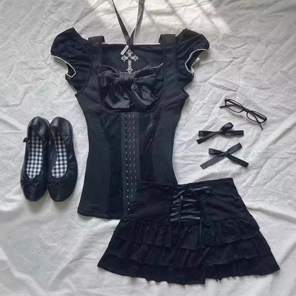 Cute Fashion Bow Waist Trimming Fashion Gothic Vintage Skirt