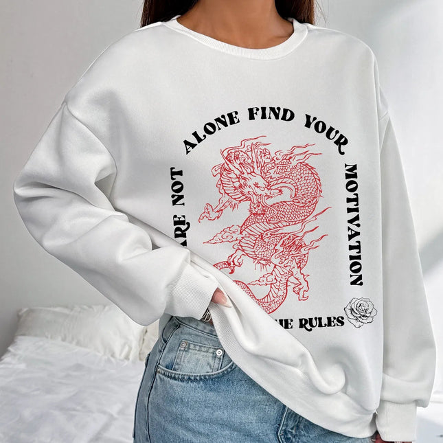 Women Basic Casual Pullover Spring Autumn Long Sleeve Chinese Style Dragon Print  Round Neck