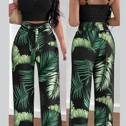 Women's Solid Color Slim Elastic Pleated Two-Piece Suit Sexy Spaghetti Strap V-neck Backless Vest High Waist Wide Leg Pants Suit