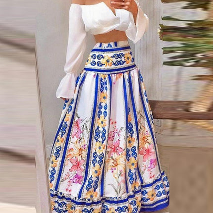 V-neck Short Flare Sleeve Top Printed Large Hem Skirt