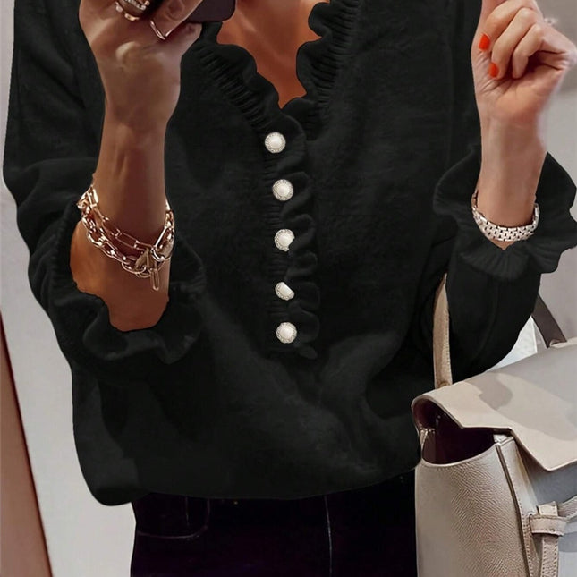 Winter V-neck Ruffled Knitted Sweater Fashion Pullover Long-sleeved Tops For Women