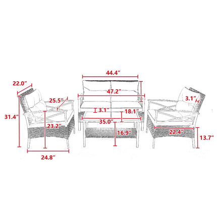 4-Piece Patio Sectional Low Dining Sofa Set - KD Rattan Wicker Outdoor Furniture