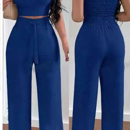 Women's Solid Color Slim Elastic Pleated Two-Piece Suit Sexy Spaghetti Strap V-neck Backless Vest High Waist Wide Leg Pants Suit