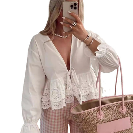 Deep V-neck Long Sleeve Shirt Top