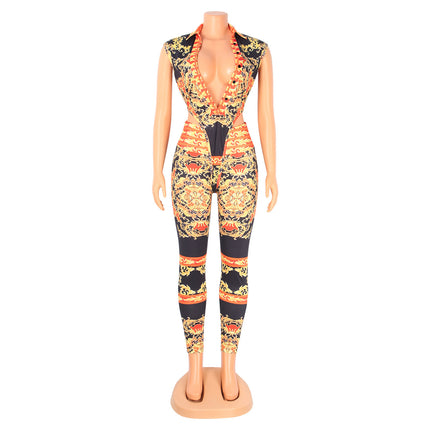 Sexy V-Neck Tight-Fitting Digital Positioning Printing Two-Piece Suit