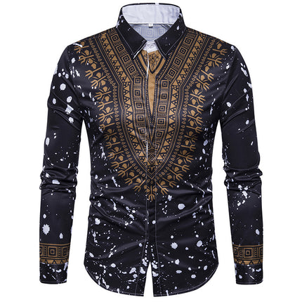 Ethnic Style Floral Print Men's Long-sleeved Shirt