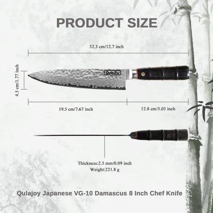Qulajoy Japanese Chef Knife 8 Inch,67 Layers Damascus VG-10 Steel Core,Professional Hammered Kitchen Knife,Handcrafted With Ergonomic Bamboo Shape Handle